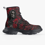 PU Leather Chunky Boots Grim Reaper Surrounded by Red Roses