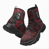 PU Leather Chunky Boots Grim Reaper Surrounded by Red Roses