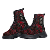 PU Leather Chunky Boots Grim Reaper Surrounded by Red Roses