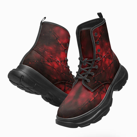 PU Leather Chunky Boots Barbed Wire Dark Red Background