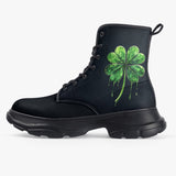 PU Leather Chunky Boots Dripping Green Four-Leaf Clover