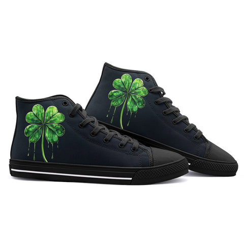 High-Top Canvas Shoes Dripping Green Four-Leaf Clover