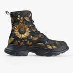 PU Leather Chunky Boots Golden Sunflower with Black Leaves