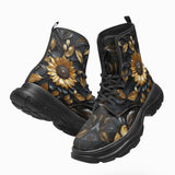 PU Leather Chunky Boots Golden Sunflower with Black Leaves