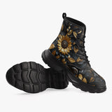 PU Leather Chunky Boots Golden Sunflower with Black Leaves