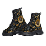 PU Leather Chunky Boots Golden Sunflower with Black Leaves