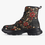 PU Leather Chunky Boots Rococo Style Red and Gold Flowers and Pearls