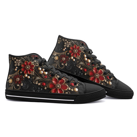 High-Top Canvas Shoes Rococo Style Red and Gold Flowers and Pearls