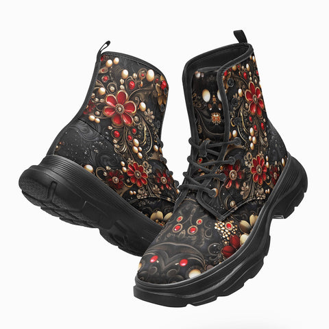 PU Leather Chunky Boots Rococo Style Red and Gold Flowers and Pearls