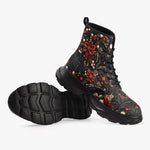 PU Leather Chunky Boots Rococo Style Red and Gold Flowers and Pearls