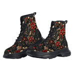 PU Leather Chunky Boots Rococo Style Red and Gold Flowers and Pearls