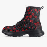 PU Leather Chunky Boots Red Roses with Dripping Black Liquid