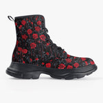 PU Leather Chunky Boots Red Roses with Dripping Black Liquid