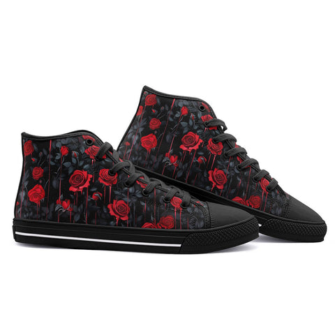 High-Top Canvas Shoes Red Roses with Dripping Black Liquid