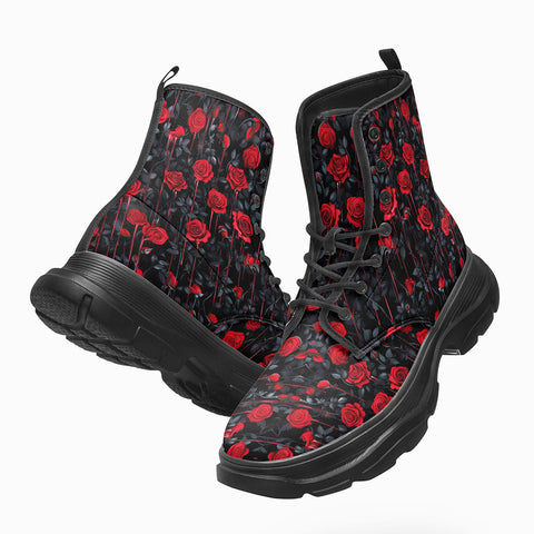 PU Leather Chunky Boots Red Roses with Dripping Black Liquid