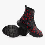 PU Leather Chunky Boots Red Roses with Dripping Black Liquid