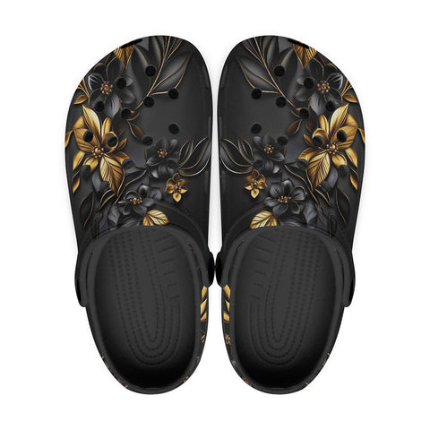 Classic Clogs Black and Gold Floral Pattern