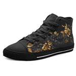 High-Top Canvas Shoes Black and Gold Floral Pattern