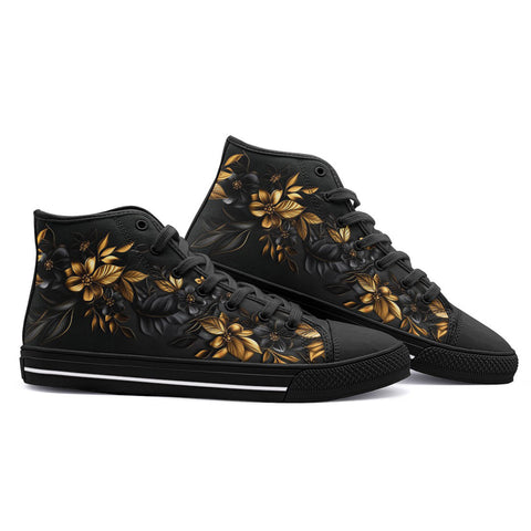 High-Top Canvas Shoes Black and Gold Floral Pattern