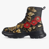 PU Leather Chunky Boots Red Poppy Flowers and Golden Leaves