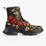 PU Leather Chunky Boots Red Poppy Flowers and Golden Leaves