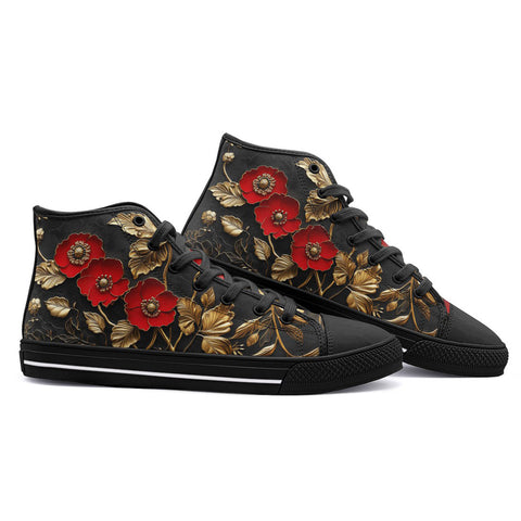 High-Top Canvas Shoes Red Poppy Flowers and Golden Leaves