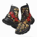 PU Leather Chunky Boots Red Poppy Flowers and Golden Leaves