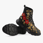 PU Leather Chunky Boots Red Poppy Flowers and Golden Leaves