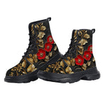 PU Leather Chunky Boots Red Poppy Flowers and Golden Leaves