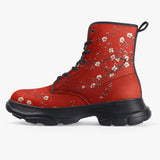 PU Leather Chunky Boots White Plum Blossoms Red Background