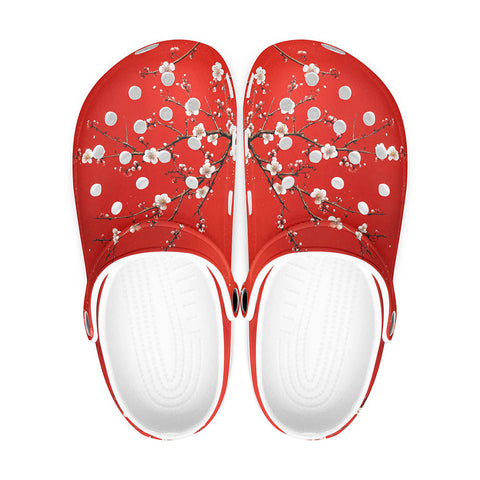 Classic Clogs White Plum Blossoms Red Background