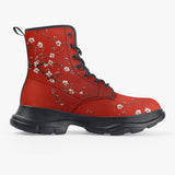 PU Leather Chunky Boots White Plum Blossoms Red Background