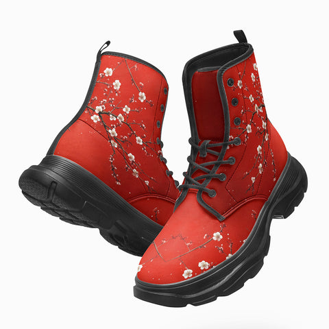 PU Leather Chunky Boots White Plum Blossoms Red Background