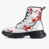 PU Leather Chunky Boots Red Ink Painting Blooming Plum Blossoms