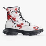 PU Leather Chunky Boots Red Ink Painting Blooming Plum Blossoms