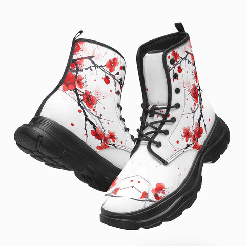 PU Leather Chunky Boots Red Ink Painting Blooming Plum Blossoms