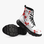 PU Leather Chunky Boots Red Ink Painting Blooming Plum Blossoms