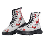 PU Leather Chunky Boots Red Ink Painting Blooming Plum Blossoms