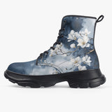 PU Leather Chunky Boots White Magnolia Flowers