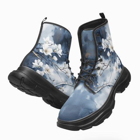 PU Leather Chunky Boots White Magnolia Flowers