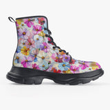 PU Leather Chunky Boots Bright and Vibrant Colors Flowers