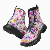 PU Leather Chunky Boots Bright and Vibrant Colors Flowers