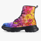 PU Leather Chunky Boots Colorful Blooming Chrysanthemums Flowers