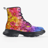 PU Leather Chunky Boots Colorful Blooming Chrysanthemums Flowers