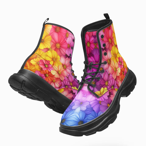 PU Leather Chunky Boots Colorful Blooming Chrysanthemums Flowers