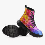 PU Leather Chunky Boots Colorful Blooming Chrysanthemums Flowers