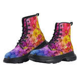 PU Leather Chunky Boots Colorful Blooming Chrysanthemums Flowers