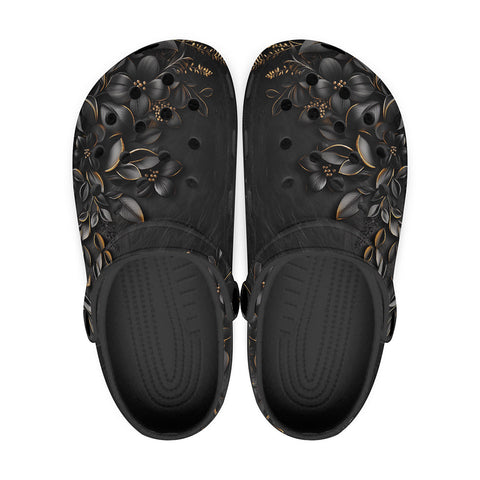 Classic Clogs Luxury Black Flowers and Golden Leaves