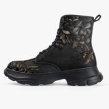 PU Leather Chunky Boots Luxury Black Flowers and Golden Leaves