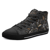 High-Top Canvas Shoes Luxury Black Flowers and Golden Leaves